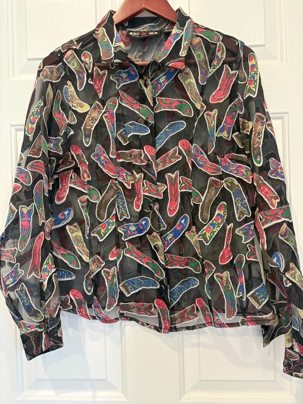 Gordon & James Button front Cowboy Boot Sheer Mesh Black Western Top L 8-12